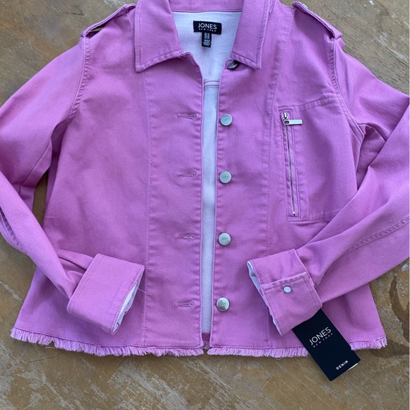Jones New York Women's sizeXS Pink Lotus Button Denim Jacket with Fringe Epaulet - Picture 2 of 14